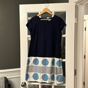 Boden size 12 linen dress with dark blue torso and cream and embroidered skirt.